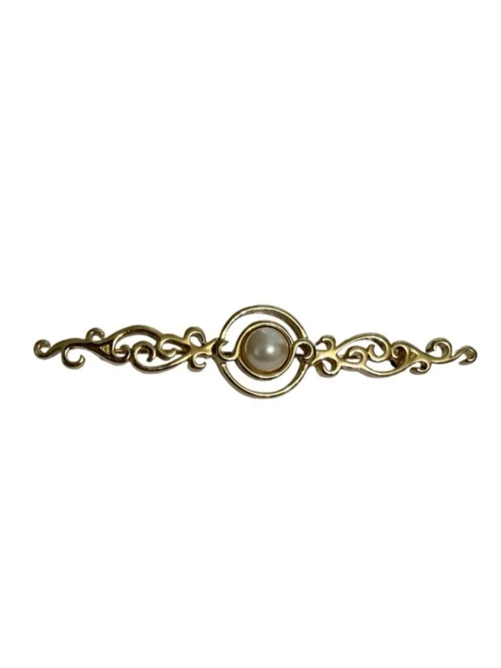 Vintage Monet Scrollwork Brooch Bar Pin Ornate Curls Gold Tone Faux Pearl Signed